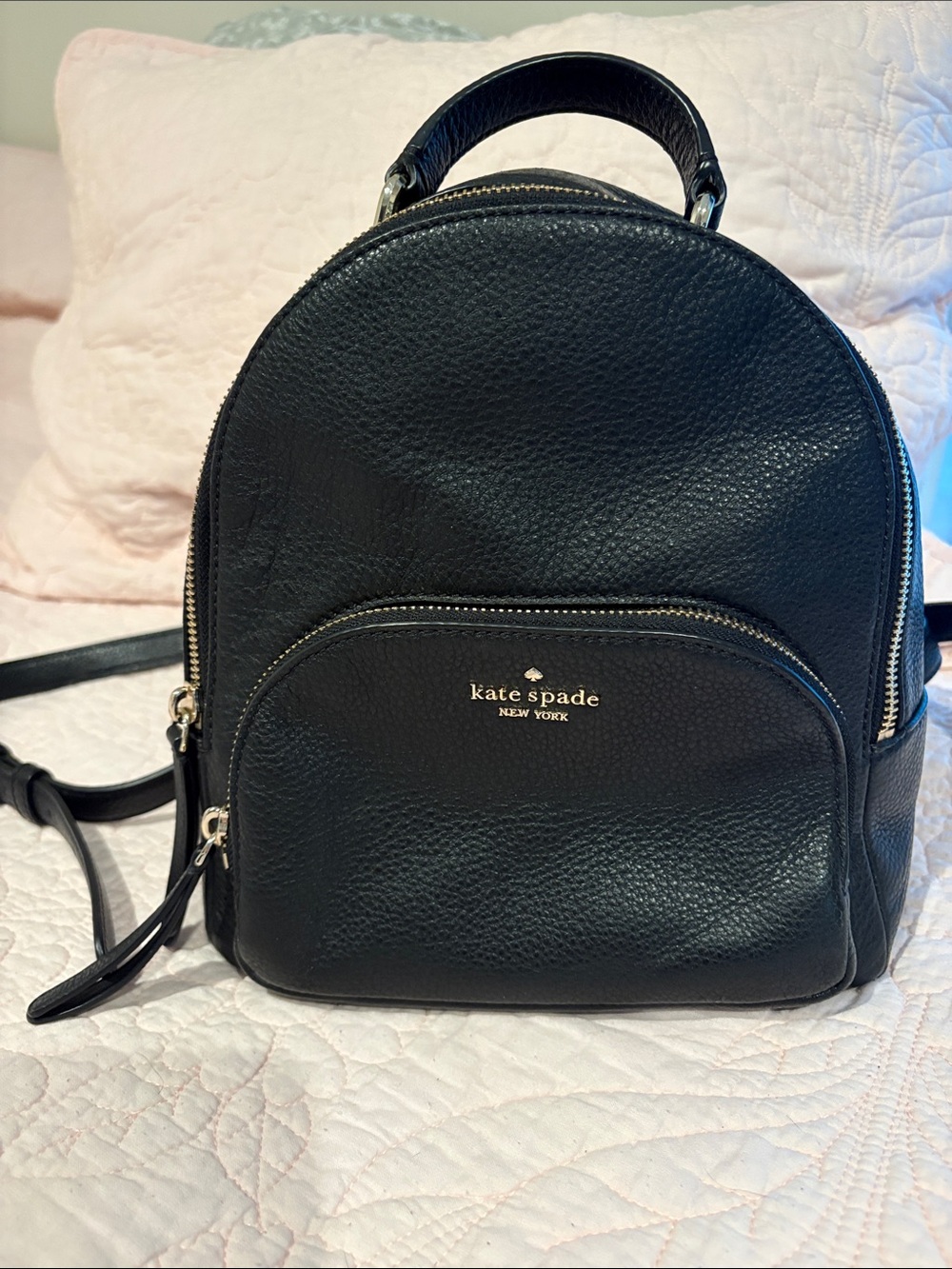 kate spade Black Pebbled Leather Mini Backpack with Gold Hardware